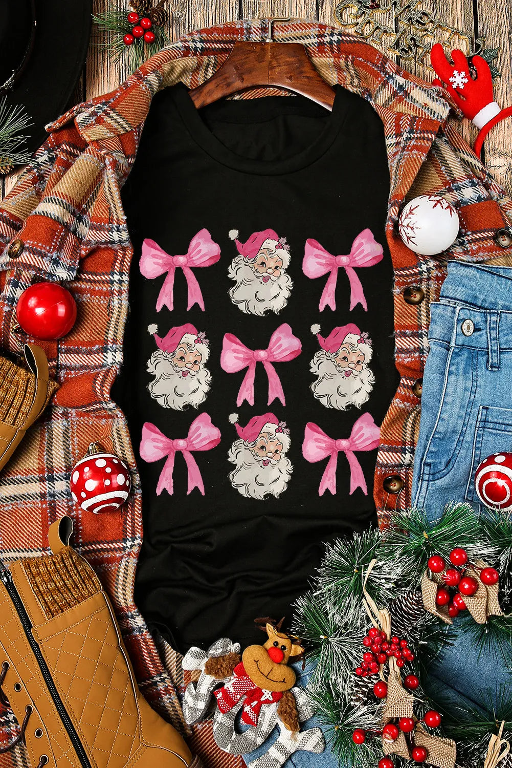 Santa & Bow Graphic T-Shirt styled with festive decor