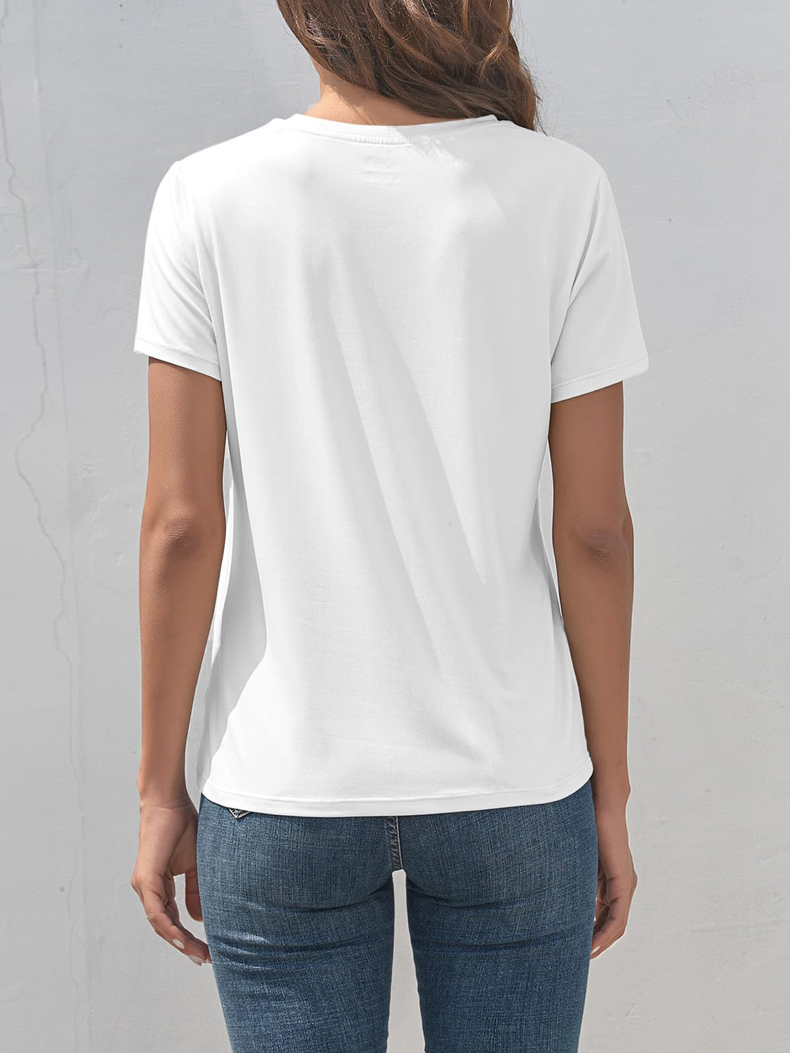 Back view of white round neck short sleeve T-shirt