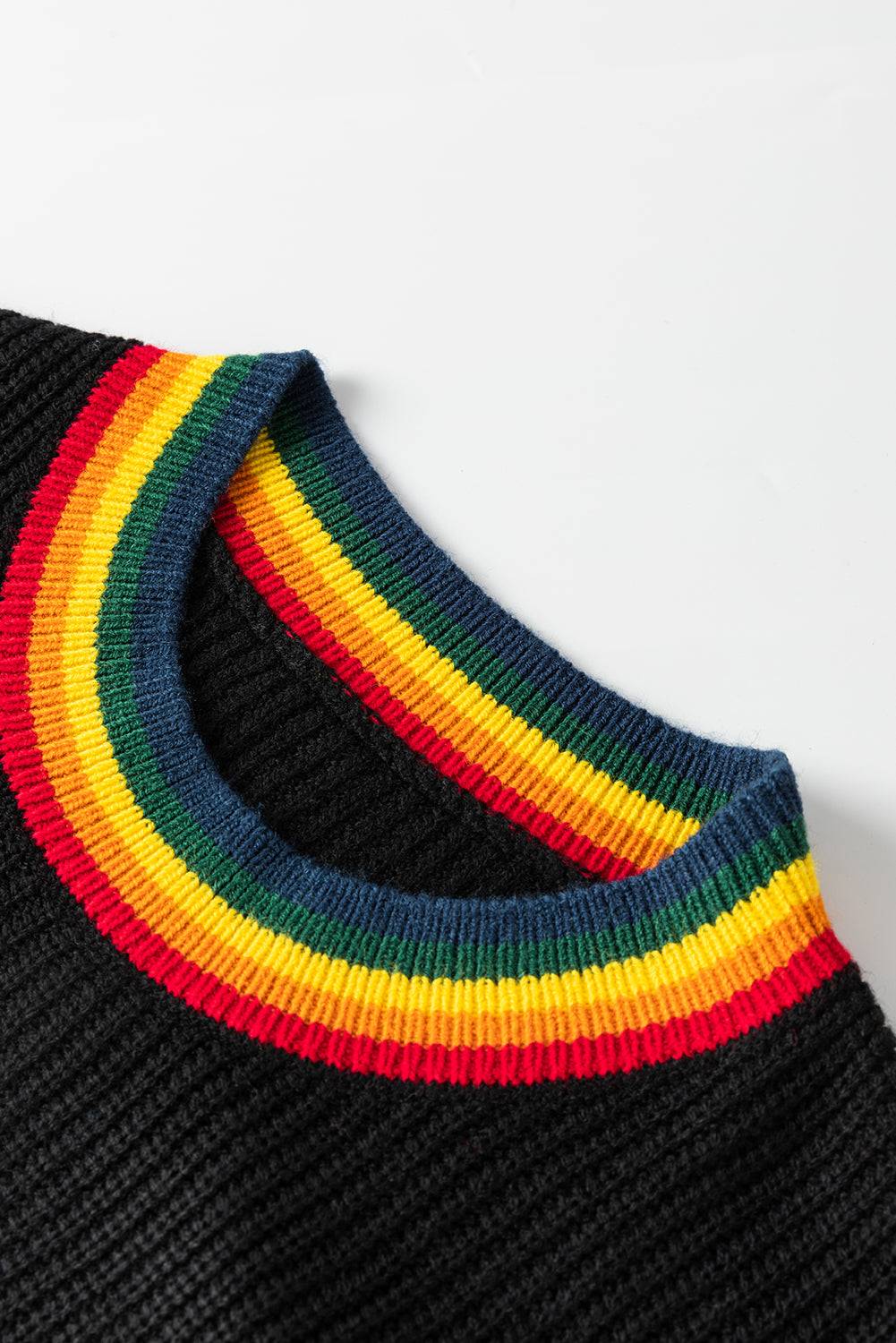 Close-up of black sweater neckline with rainbow trim