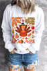 White sweatshirt with turkey and autumn graphics, long sleeves