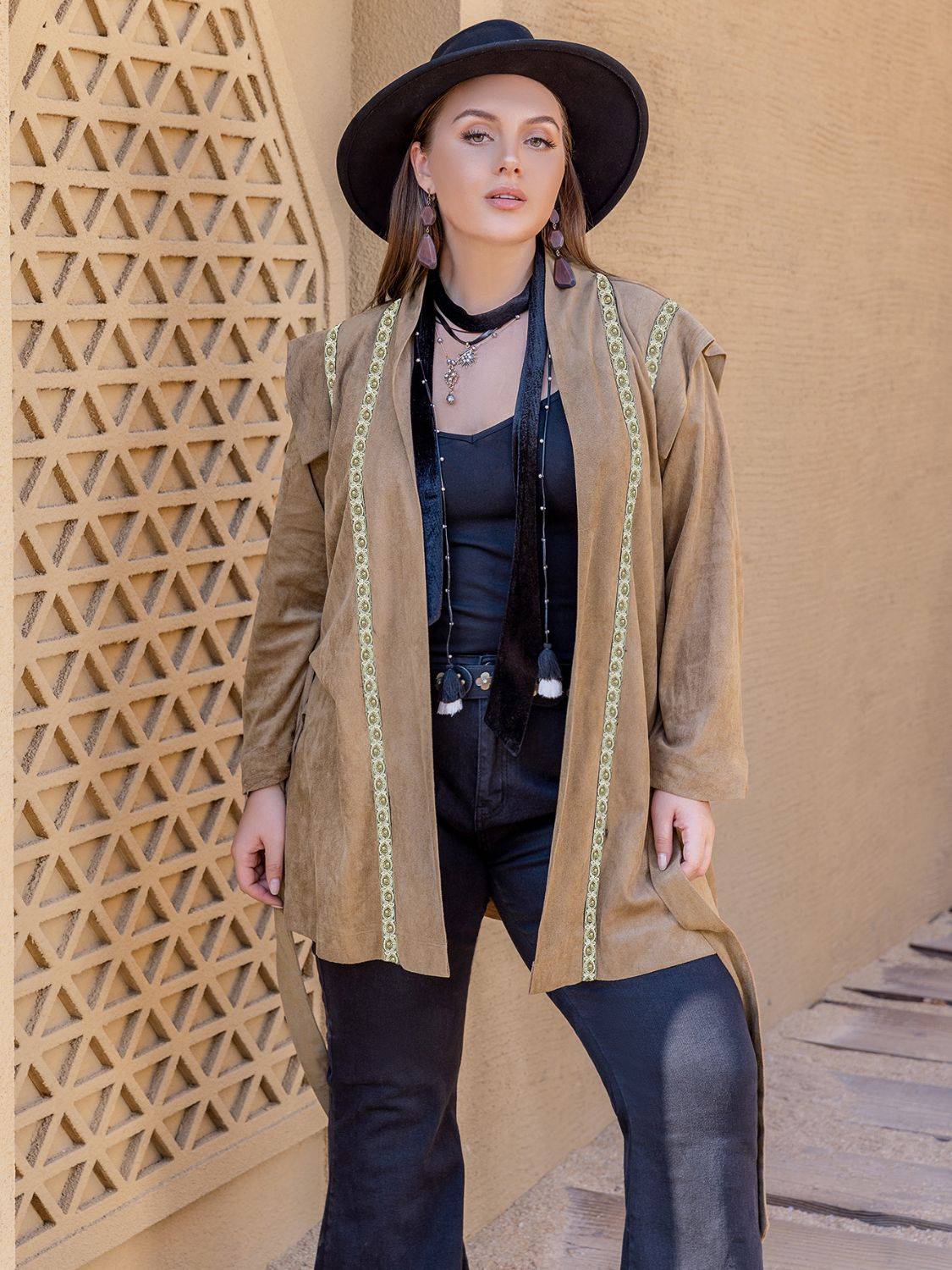 Plus size long sleeve tie waist cardigan, styled with hat