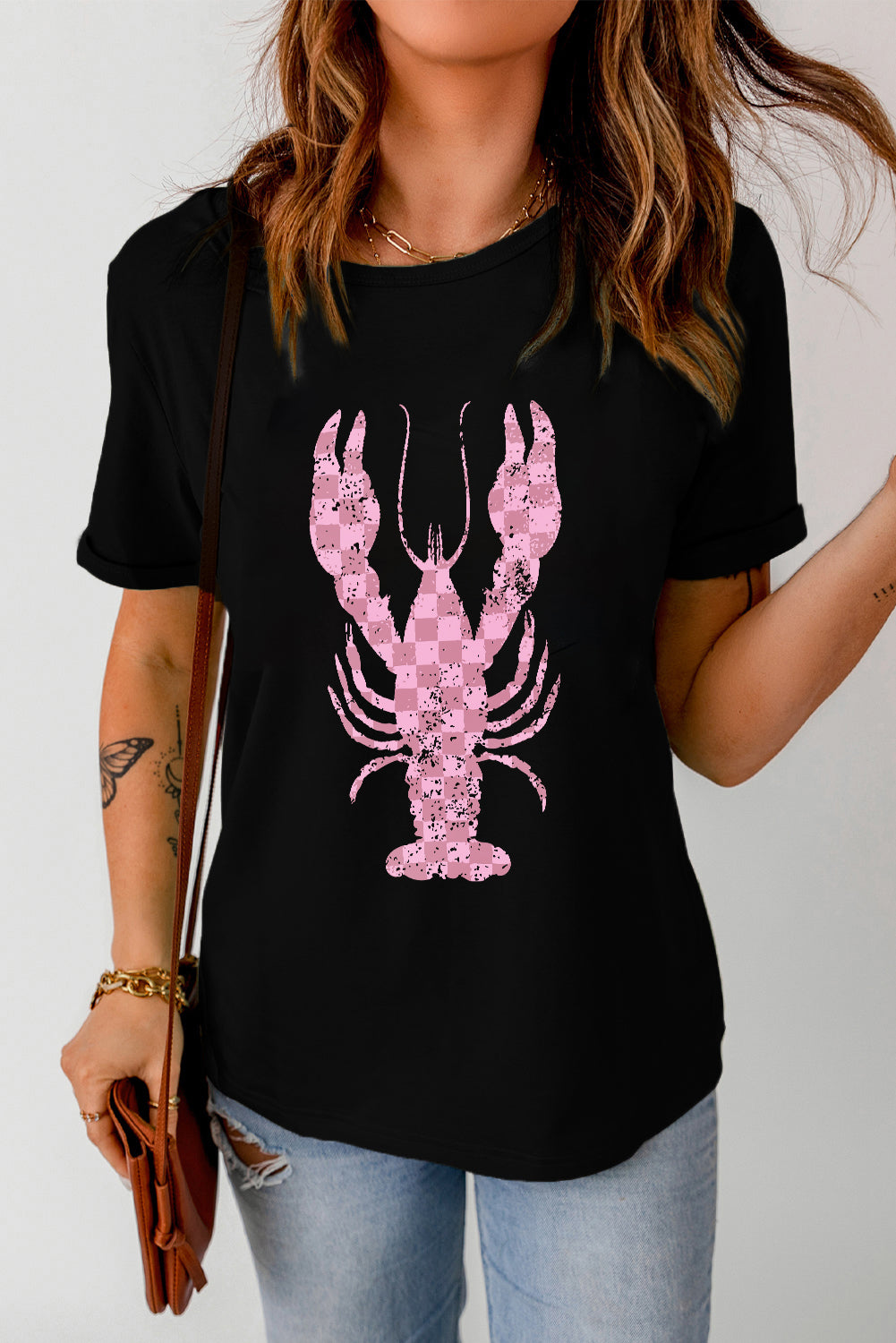 Black T-shirt with pink checkered lobster graphic