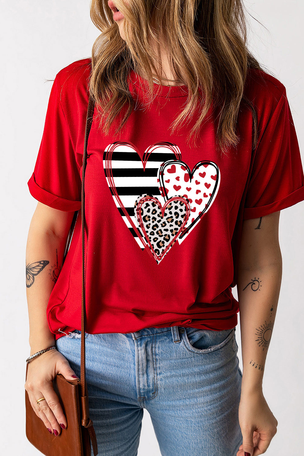 Red heart round neck short sleeve t-shirt, front view