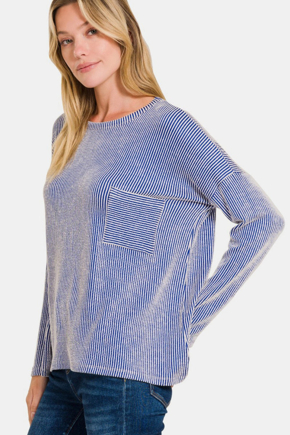 Zenana ribbed striped long sleeve t-shirt side view