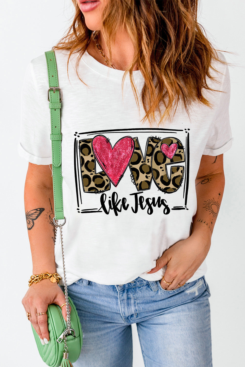 Close-up of LOVE LIKE JESUS T-Shirt with bold lettering