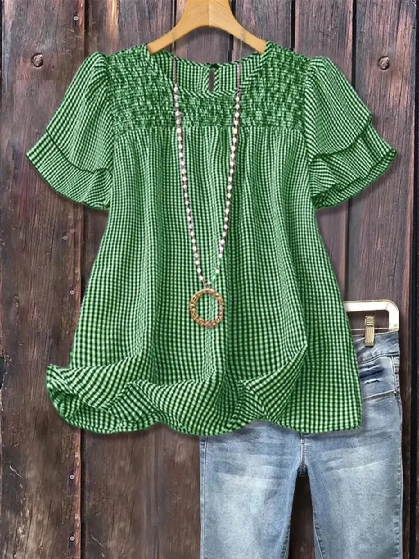 Full Size Gingham Smocked Ruffle Sleeve Blouse Plus Size