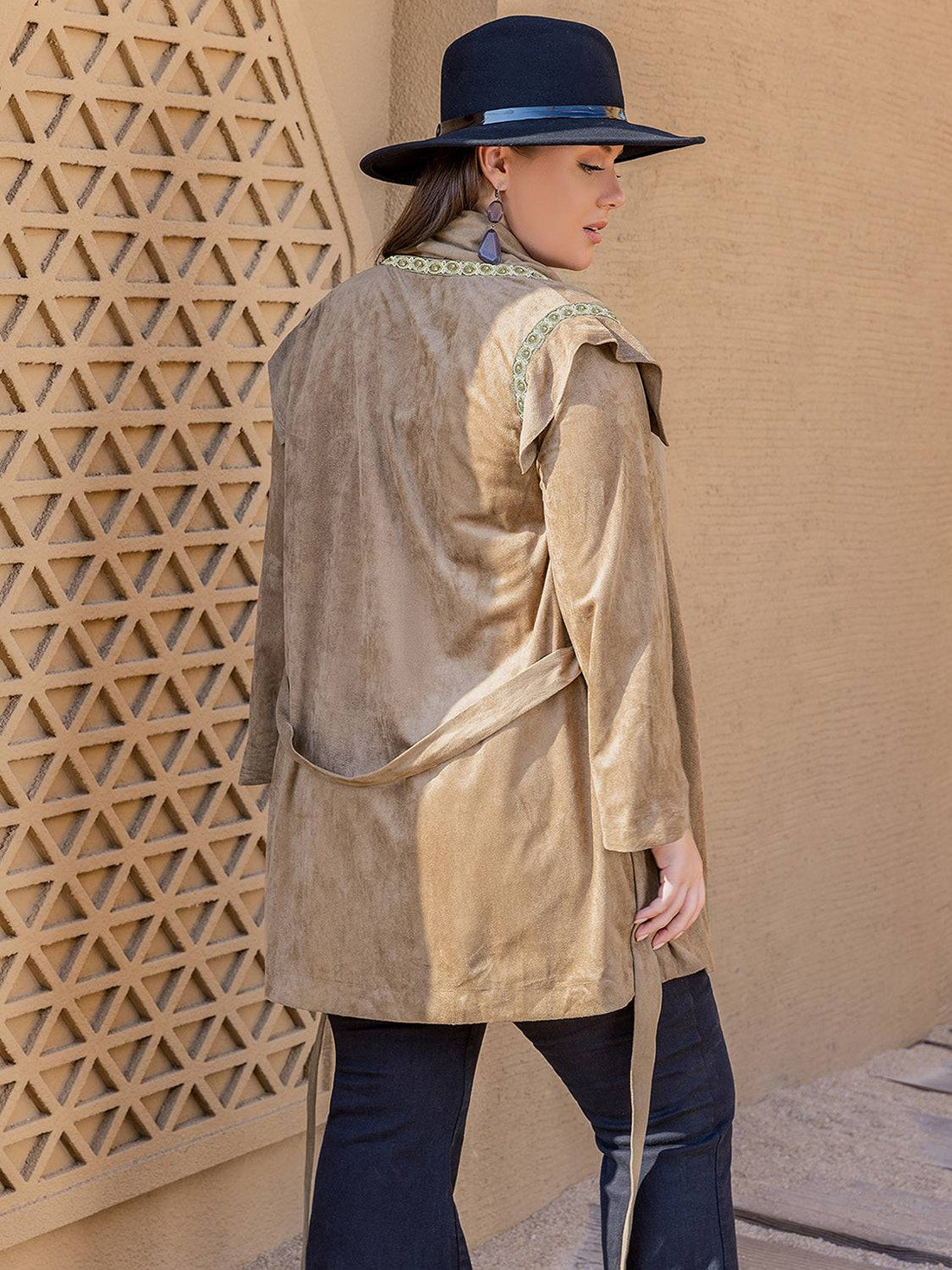 Plus size long sleeve tie waist cardigan, back view