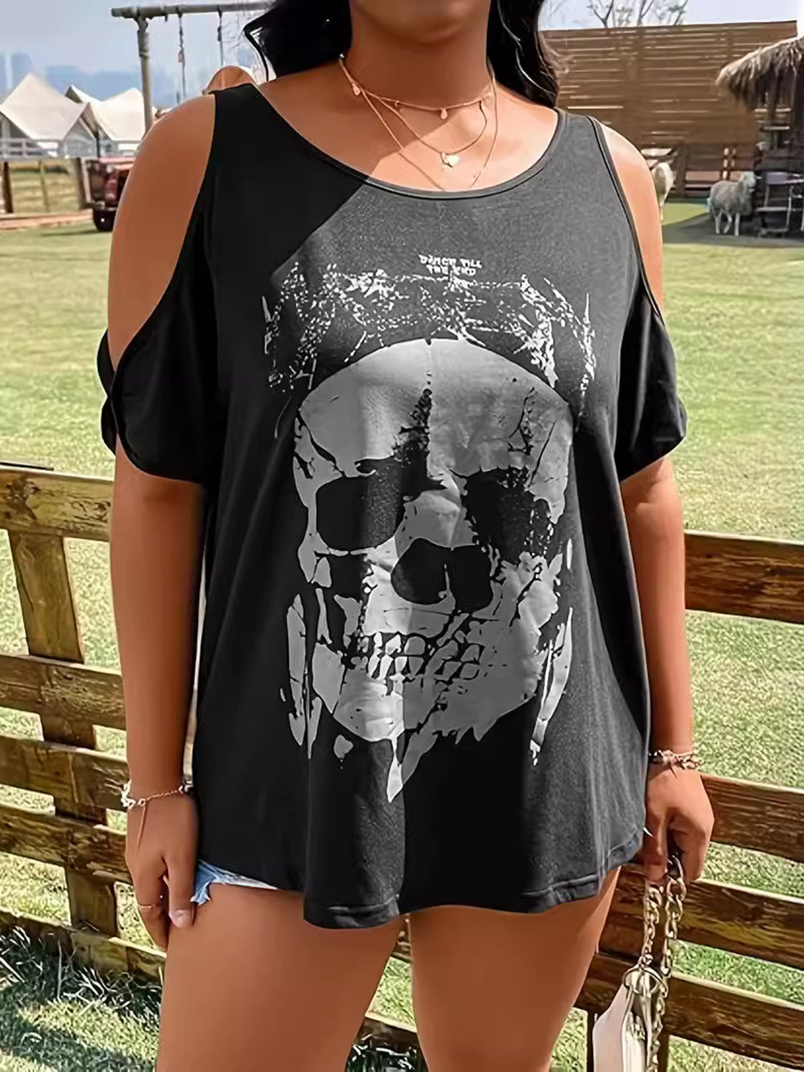 Black plus size skeleton graphic cold shoulder T-shirt