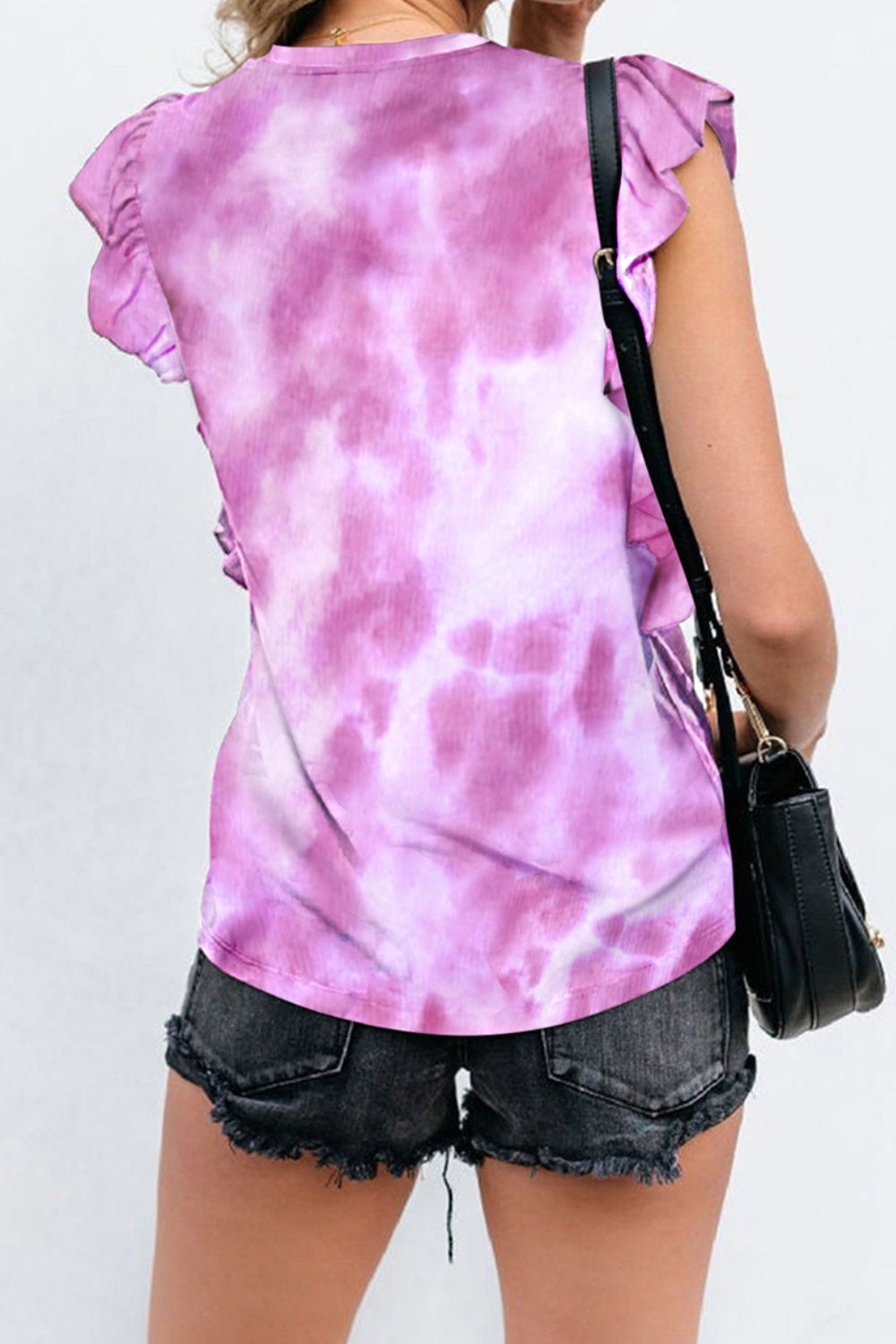 Pink tie-dye ruffled round neck cap sleeve T-shirt back view