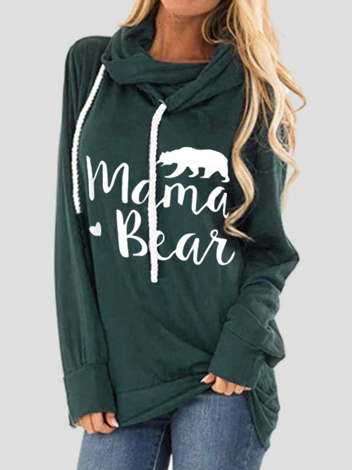 Green Mama Bear graphic hoodie with drawstrings