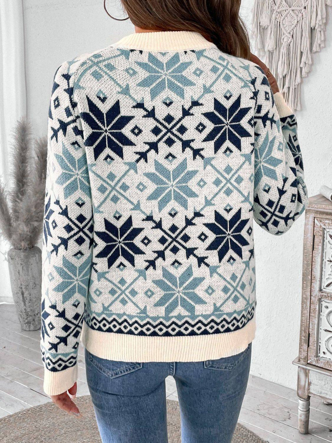 Perfee graphic round neck long sleeve sweater back view