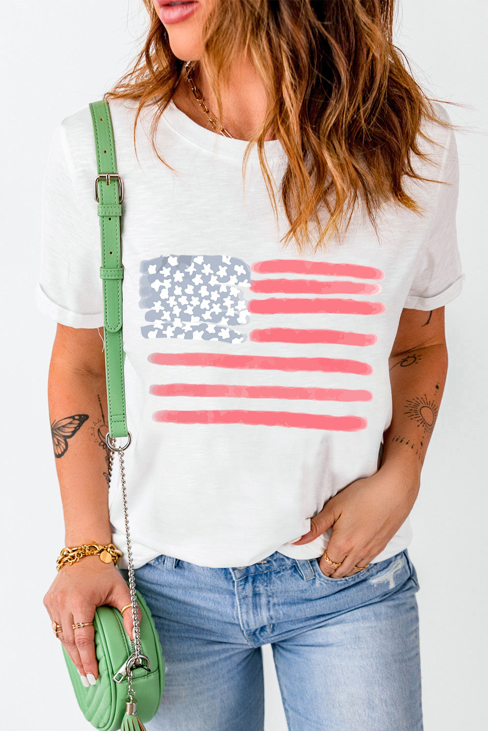 US Flag T-Shirt paired with green bag