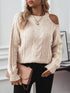 Beige cable knit cold shoulder sweater, front view