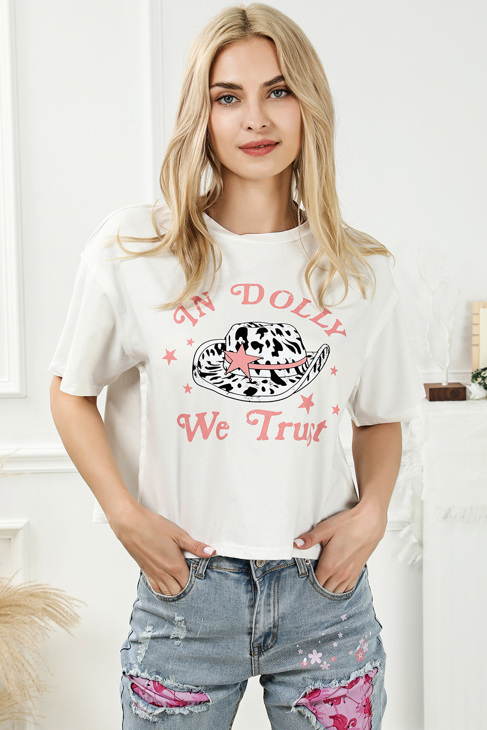 White round neck T-shirt with &