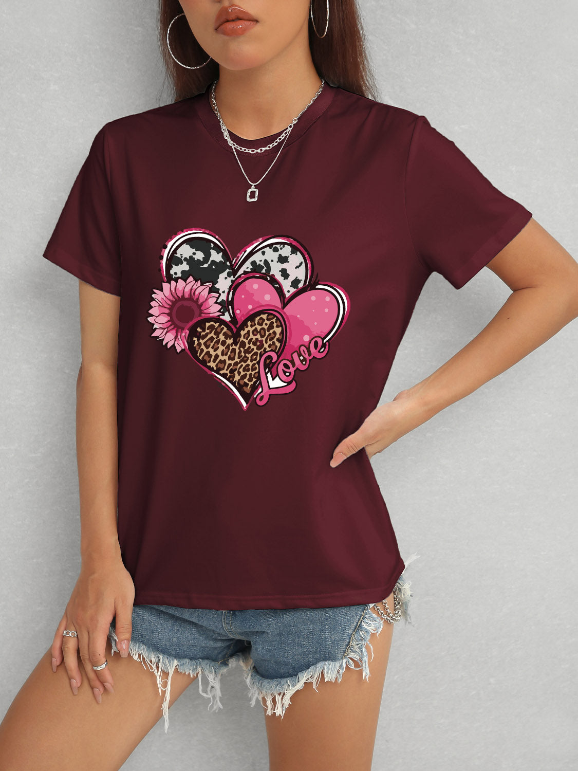 Maroon heart round neck short sleeve t-shirt with love design