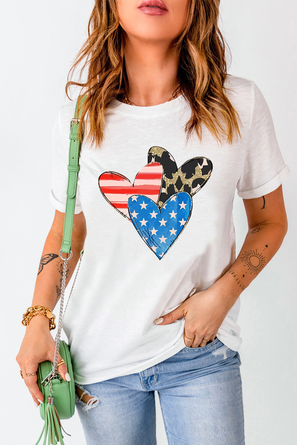 Heart round neck short sleeve T-shirt with patriotic design