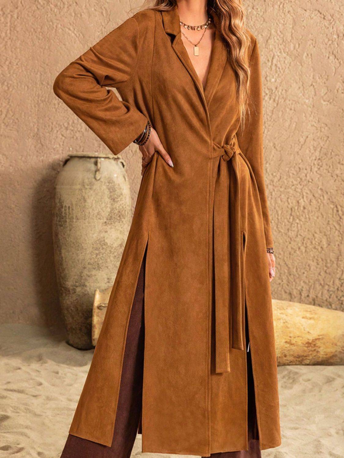 Close-up of brown slit tied collared neck longline coat