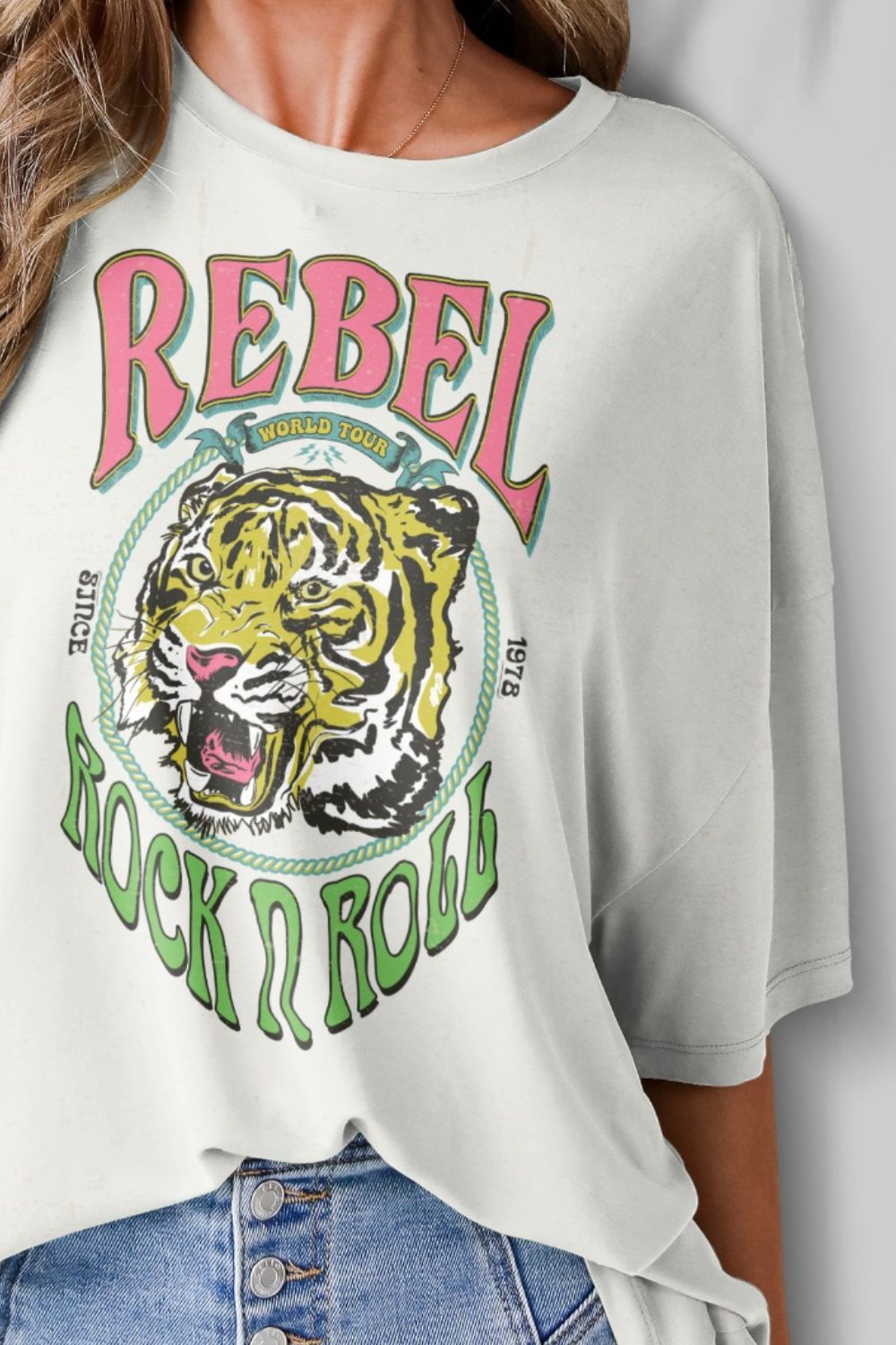 Close-up of Rebel Rock N Roll tiger graphic t-shirt