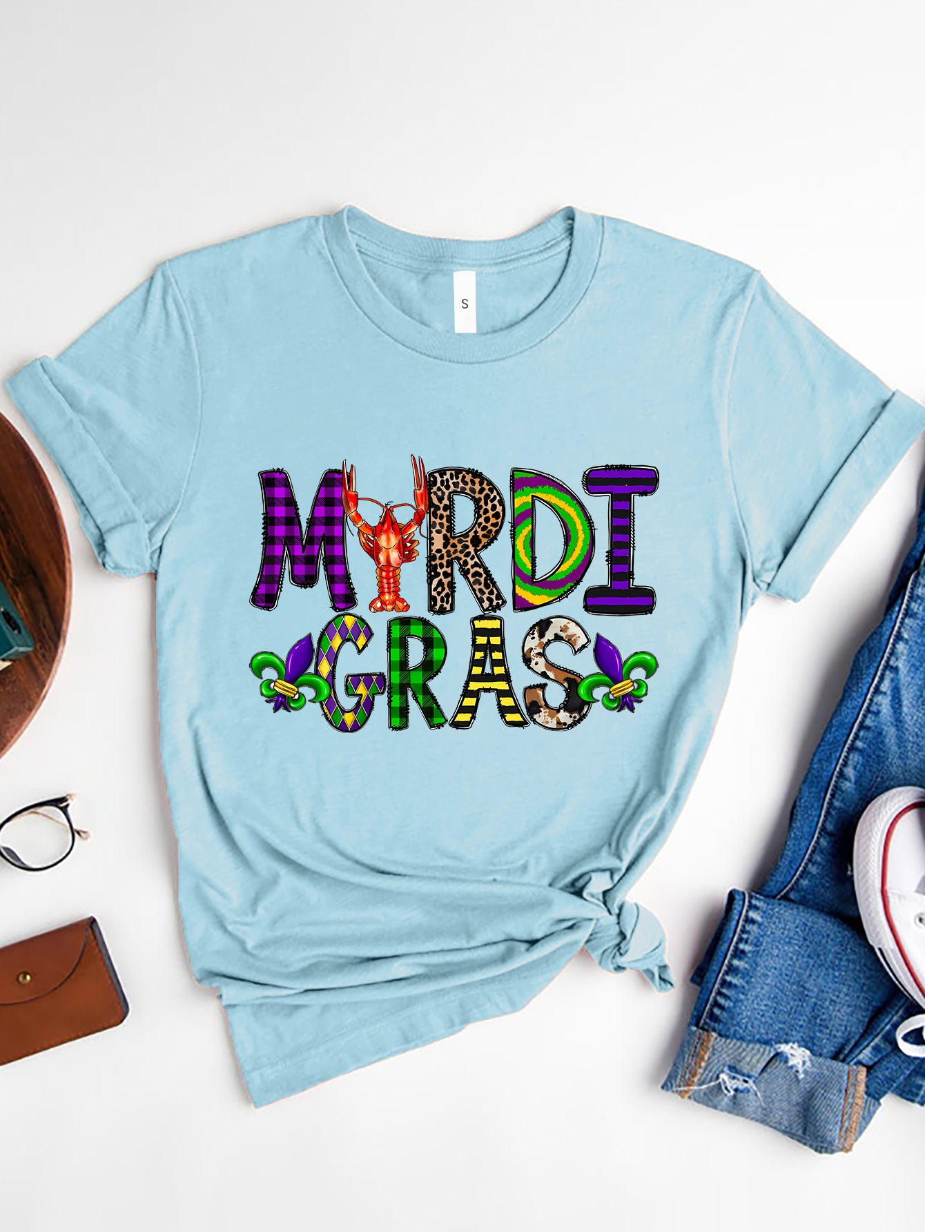 Blue Mardi Gras round neck short sleeve T-shirt
