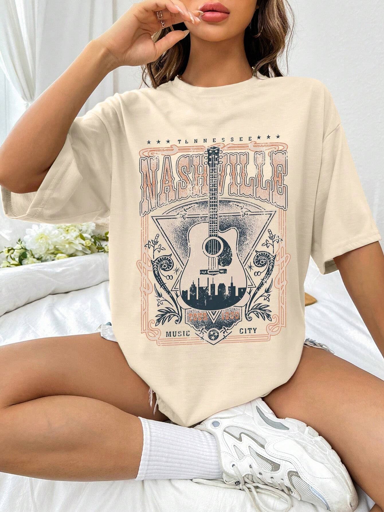 Beige Nashville guitar graphic round neck t-shirt