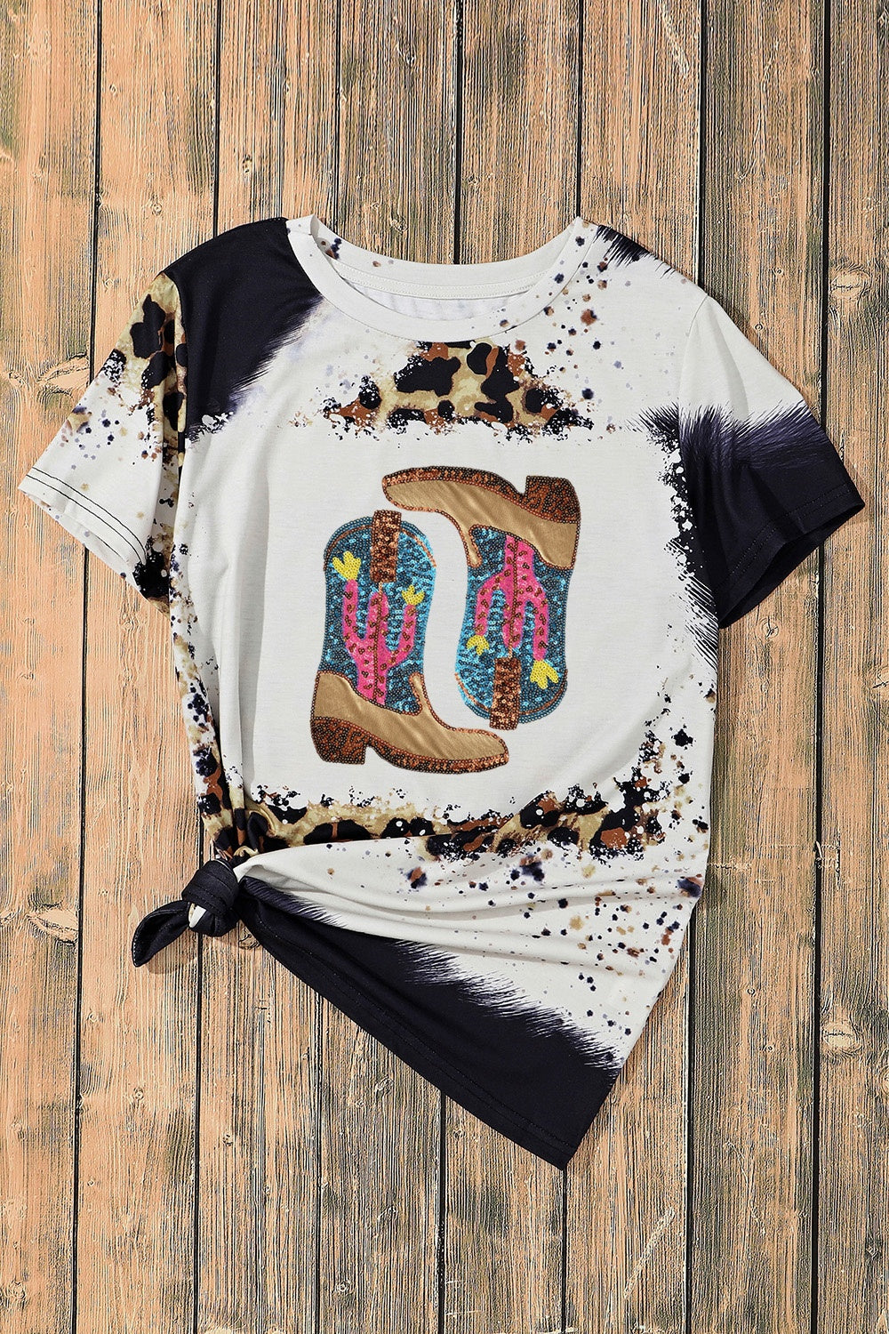 Paillettenstiefel Leoparden Rundhals Kurzarm T-Shirt