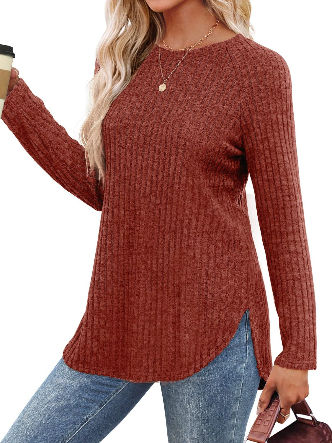 Rust ribbed round neck raglan sleeve t-shirt with coffee