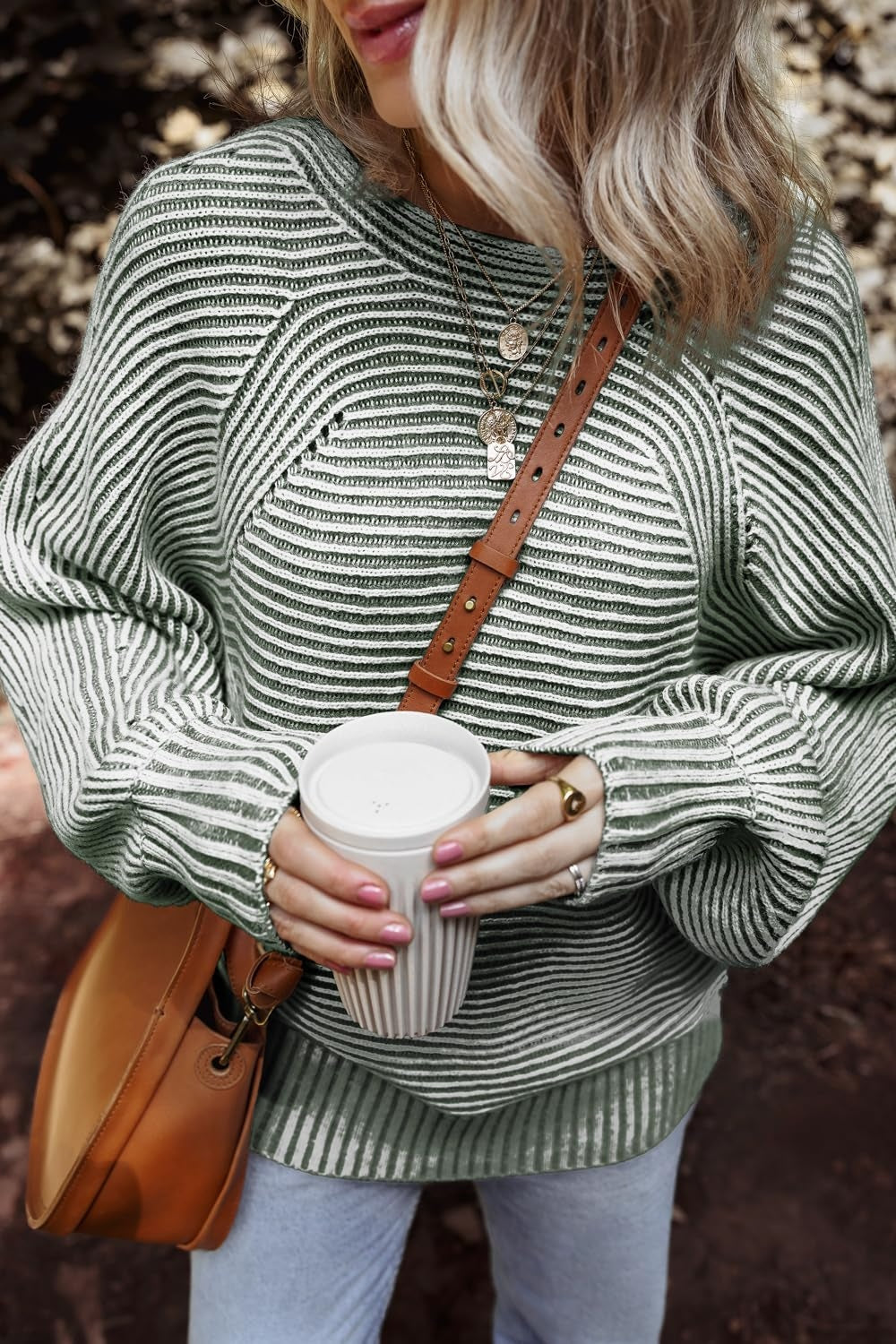 Green textured striped round neck long sleeve top