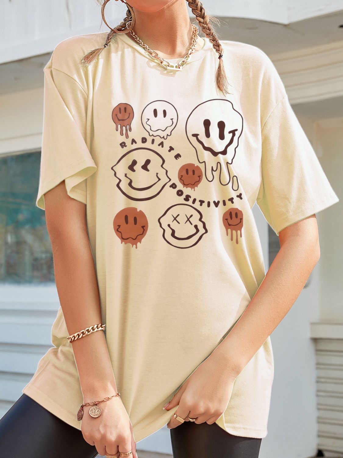 Close-up of graphic t-shirt with smiley face print