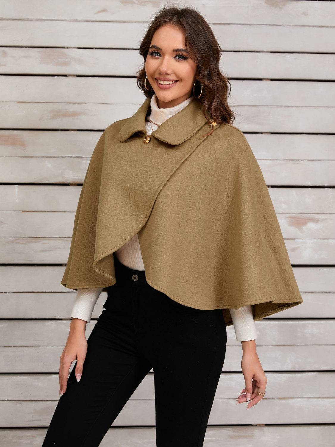 Khaki collared neck cropped cape, side view