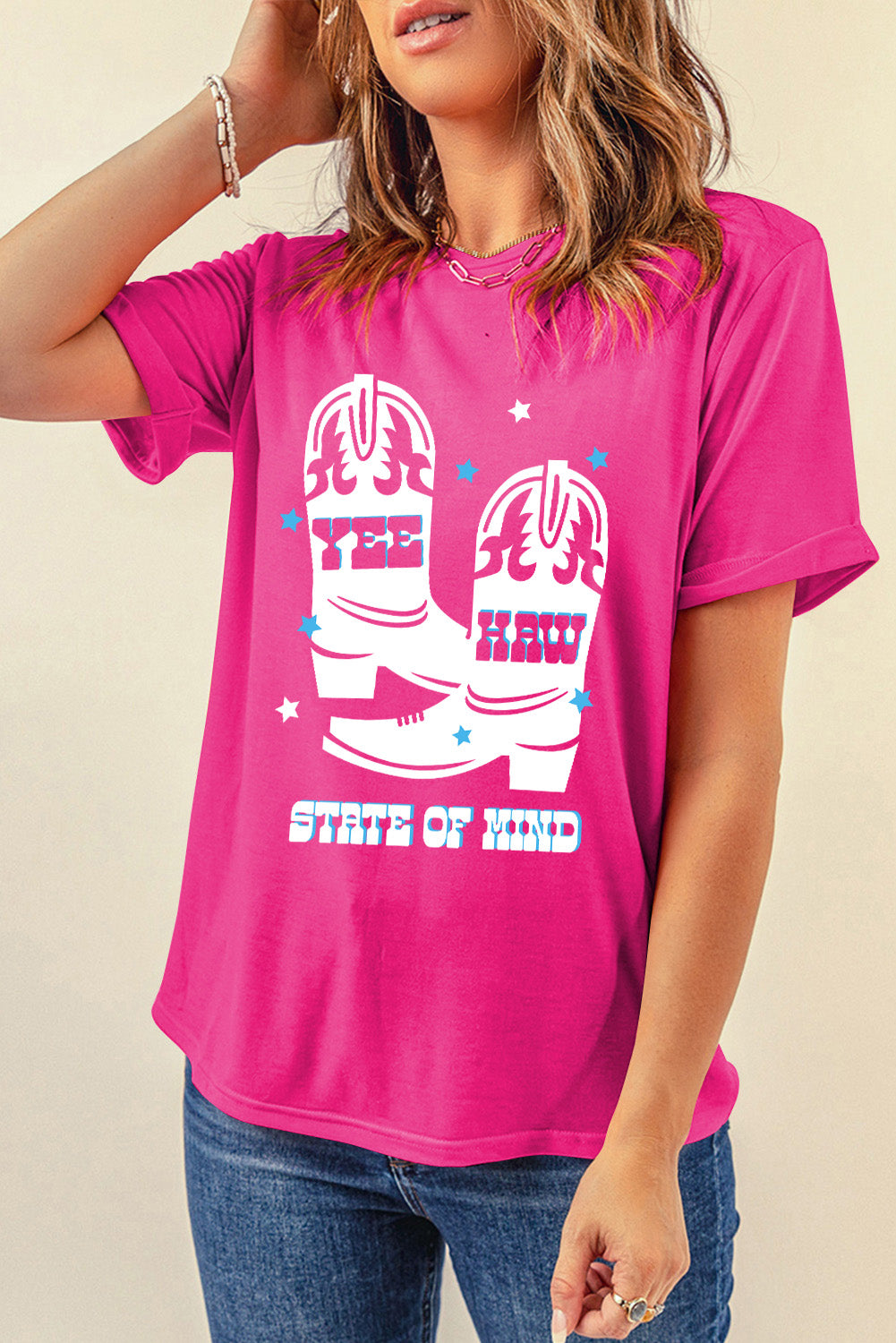Graphic T-shirt in pink with Yee Haw State of Mind print
