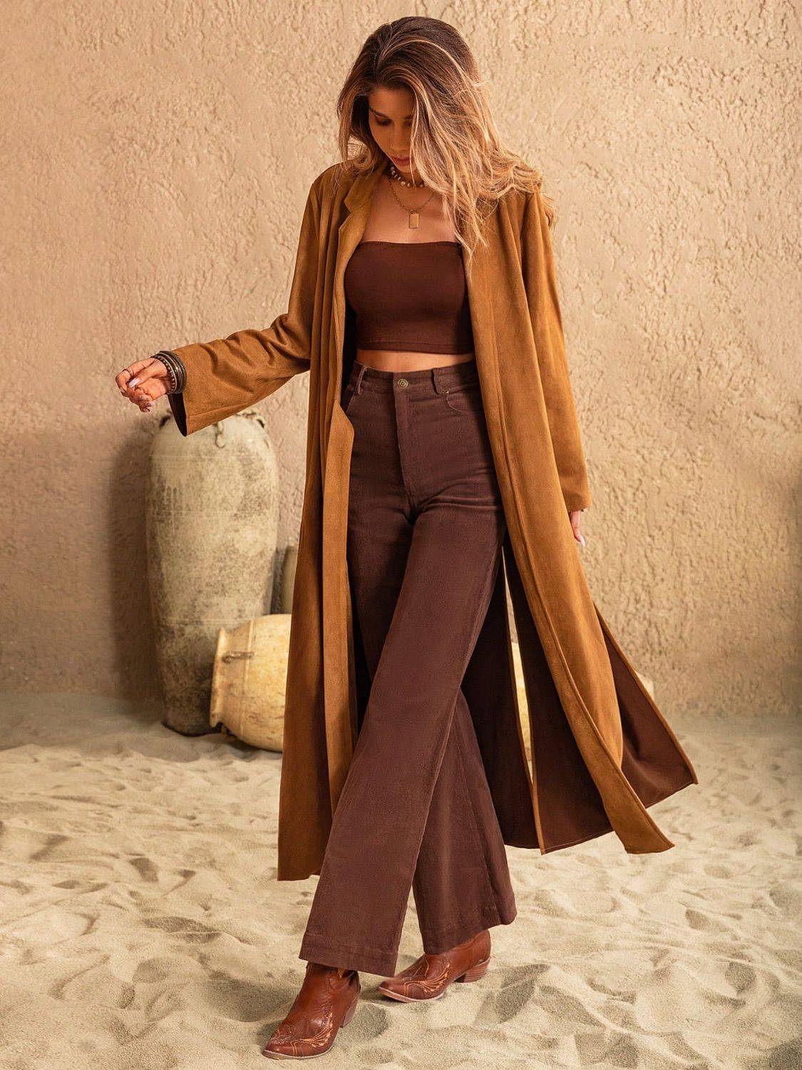Brown slit tied collared neck longline coat with brown pants