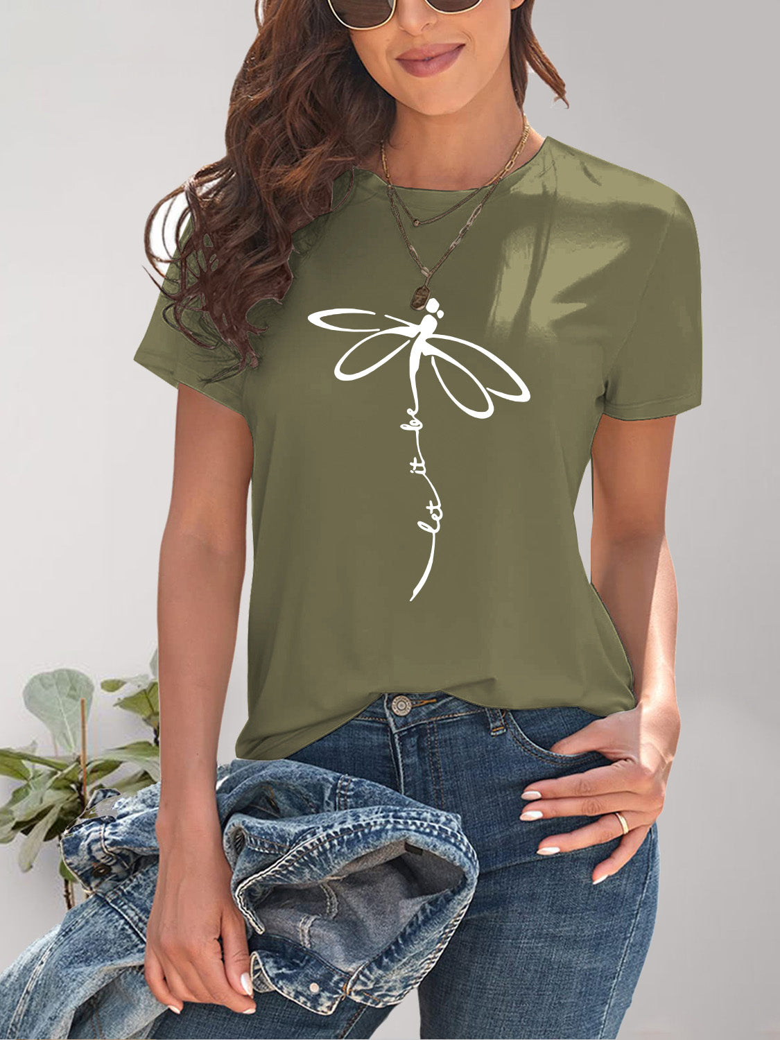 Olive green dragonfly graphic round neck t-shirt