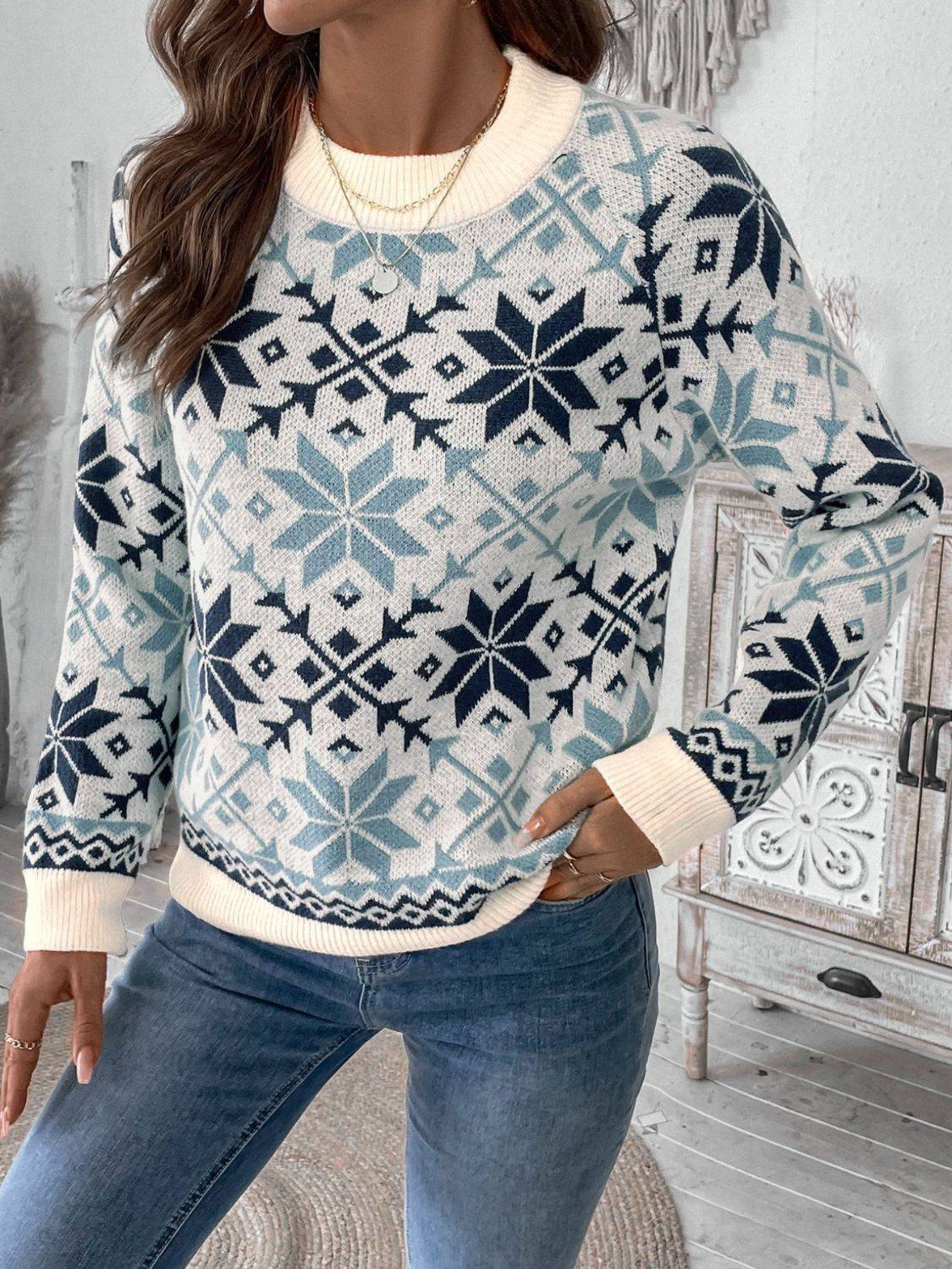 Perfee graphic round neck long sleeve sweater side view