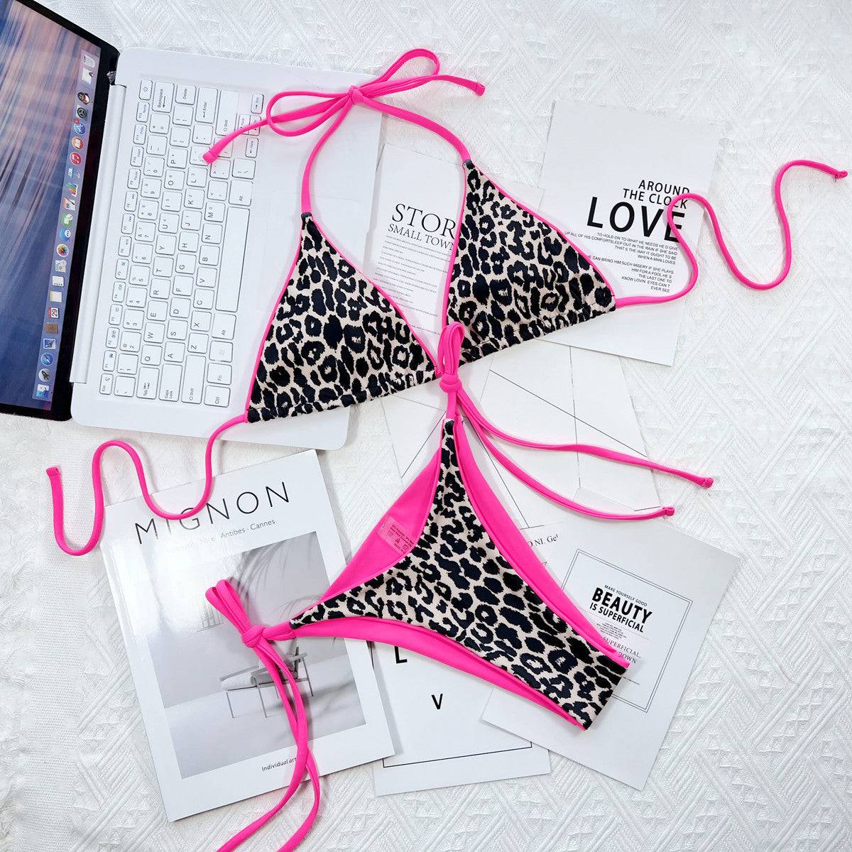 Bikini-Set mit Neckholder und seitlicher Schnürung im Leopardenmuster
