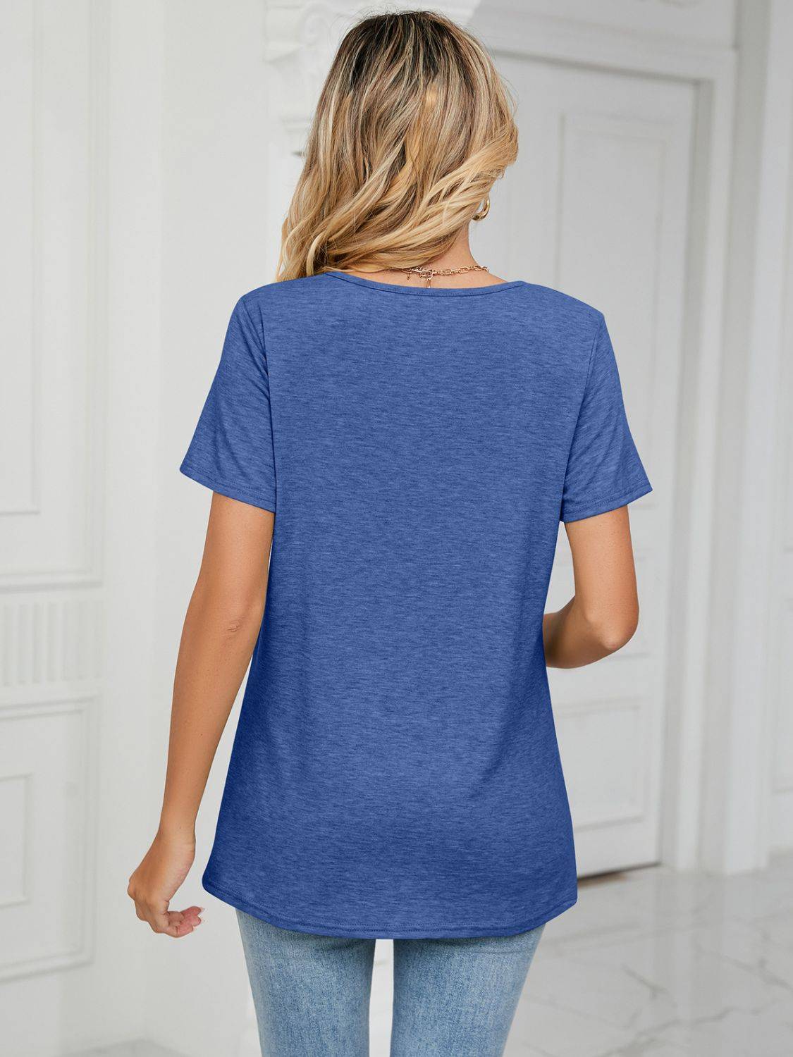 Blue ruched V-neck short sleeve T-shirt back view