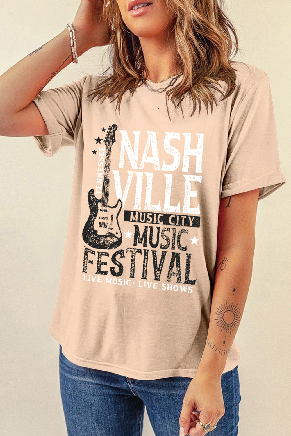Front view of Nashville Music Festival beige T-shirt
