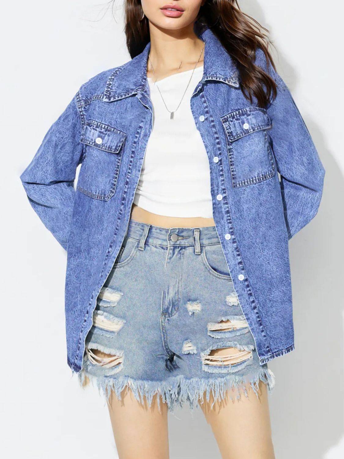 Curved hem collared neck denim top, styled with shorts