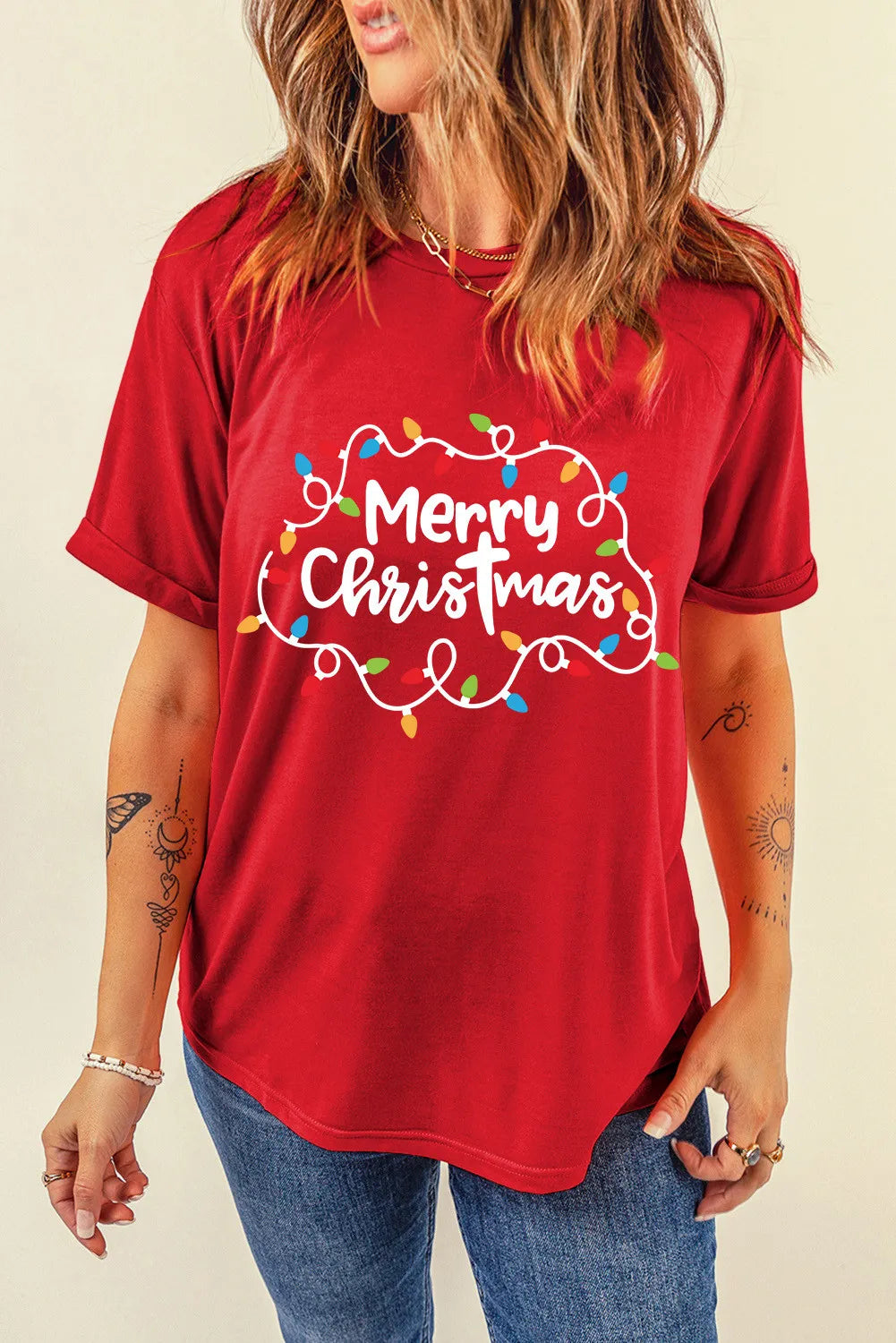 Red Merry Christmas T-shirt with festive lights design.