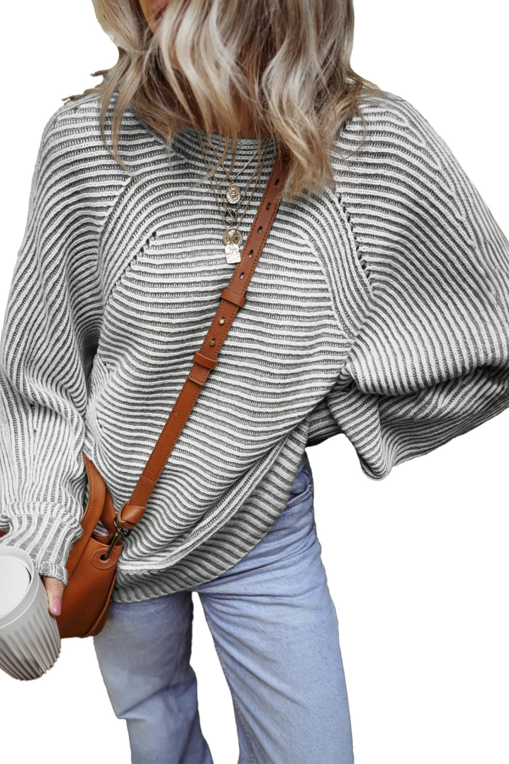 Gray textured striped top with brown bag