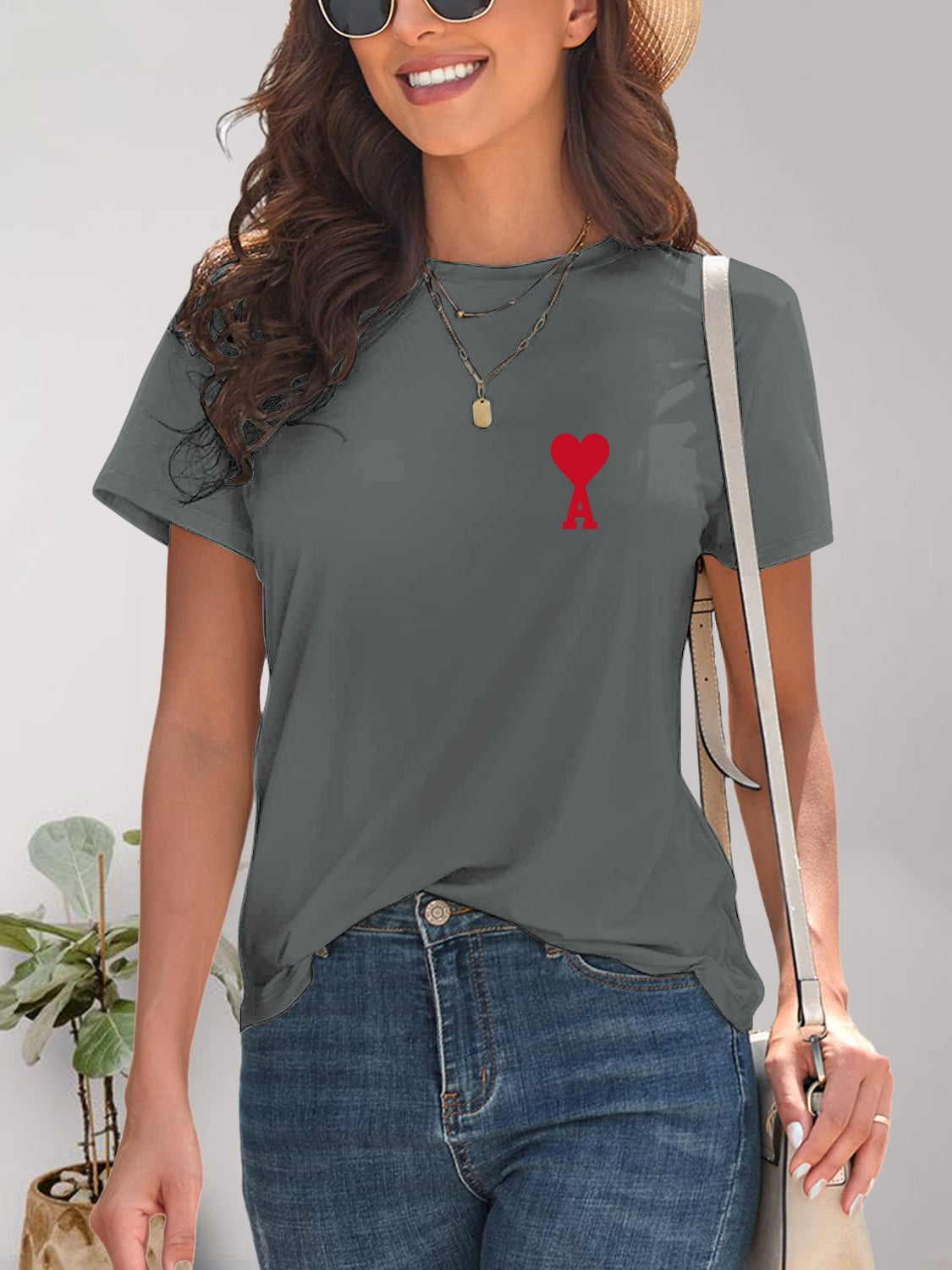 Gray heart round neck short sleeve t-shirt front