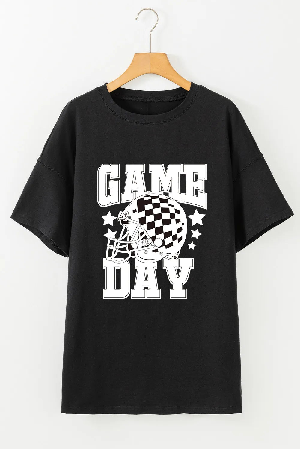 Black GAME DAY T-shirt with helmet graphic, on hanger