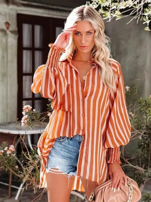 Collar shirt thin medium long stripe casual long sleeve shirt