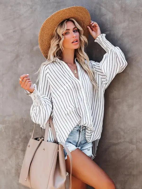 Collar shirt thin medium long stripe casual long sleeve shirt