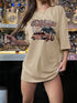 Beige car graphic round neck t-shirt, front view