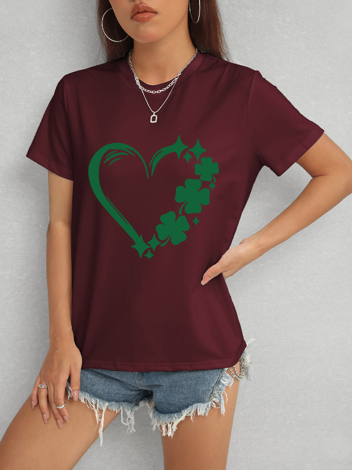 Burgundy Heart Lucky Clover T-Shirt with denim shorts