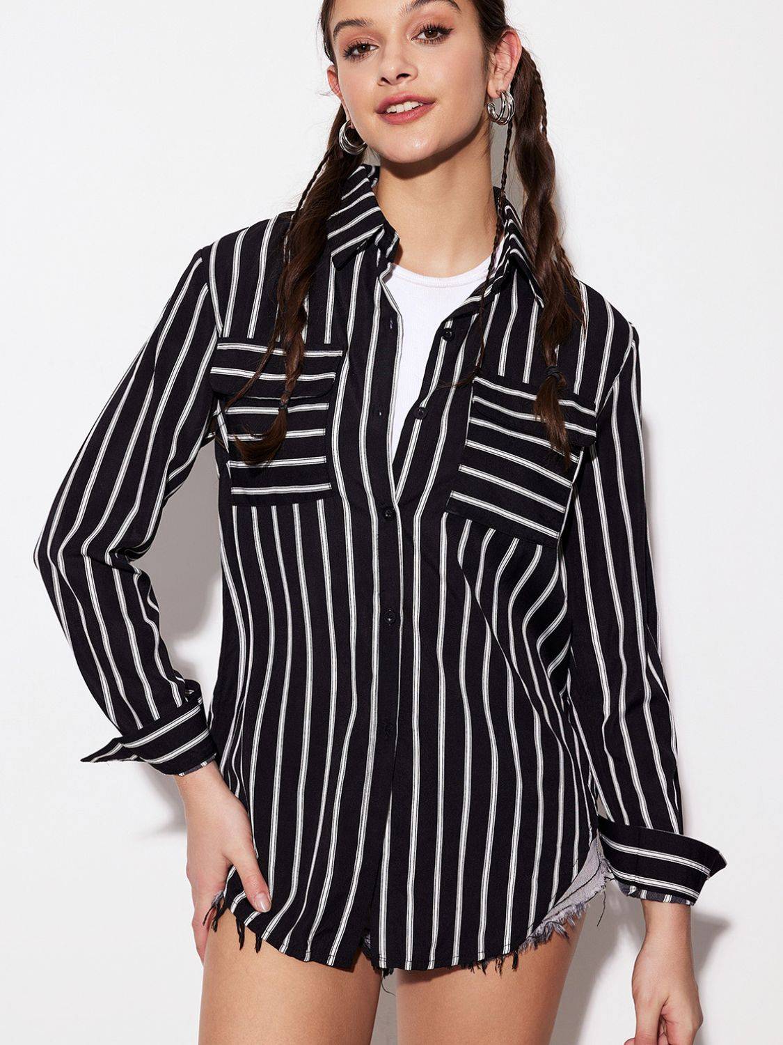 Striped collared neck long sleeve shirt, stylish look