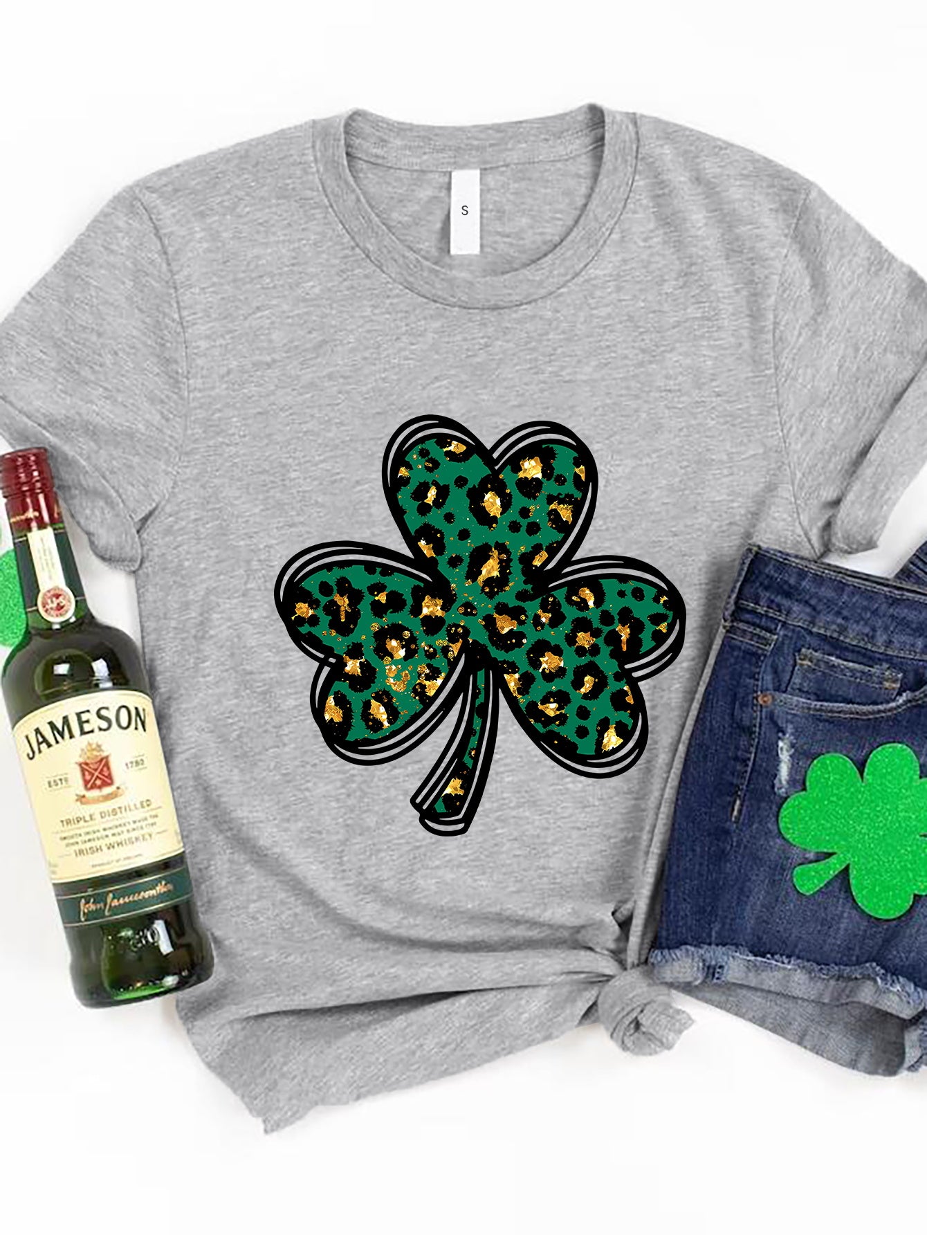 Gray Lucky Clover T-Shirt with leopard print design
