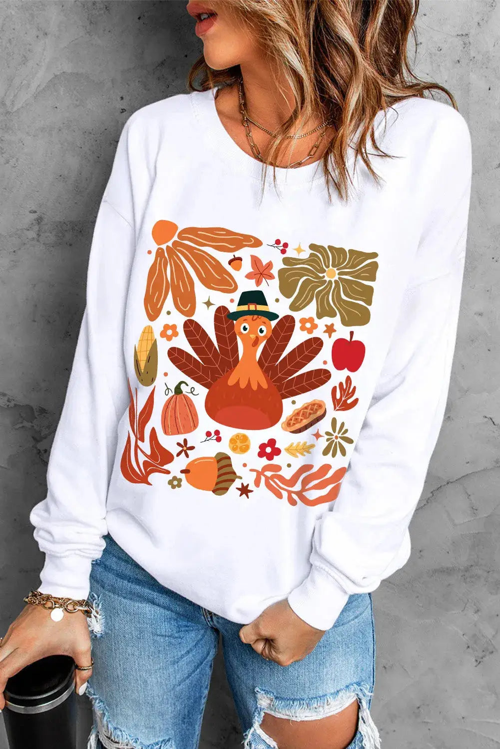 Graphic sweatshirt featuring turkey and fall motifs, round neck