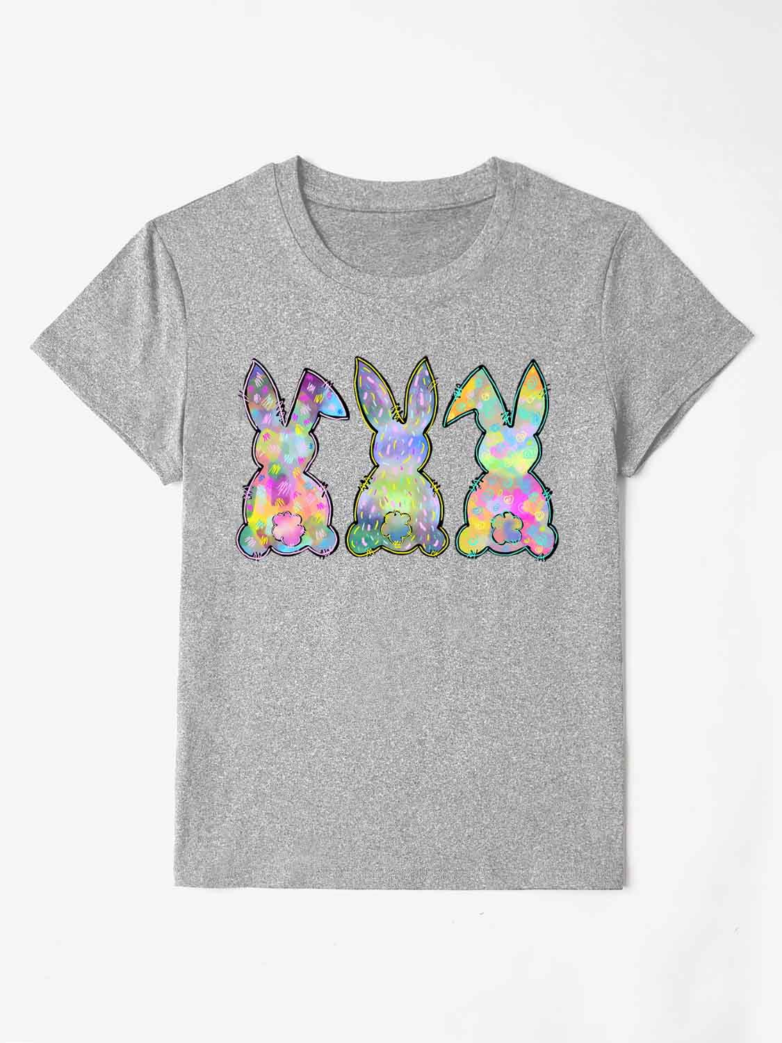 Light gray rabbit print round neck short sleeve t-shirt