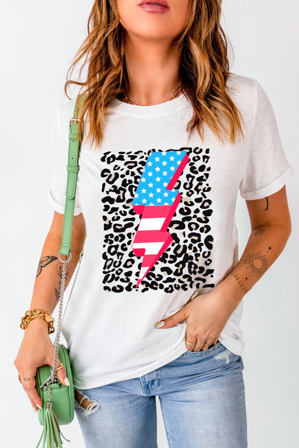Graphic round neck short sleeve t-shirt with leopard print and lightning bolt